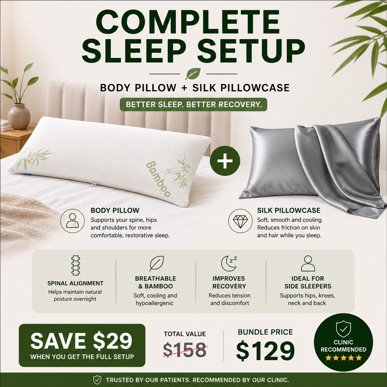 Sleep & Recovery Bundle (Bamboo Body Pillow + Silk Case)