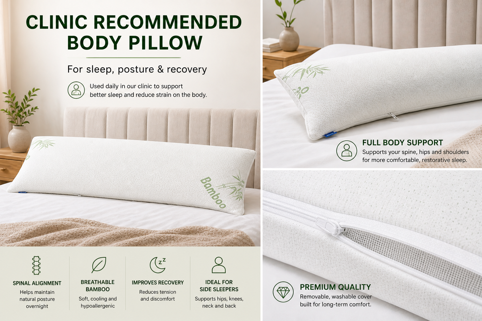 Bamboo Body Pillow for Sleep & Spinal Support
